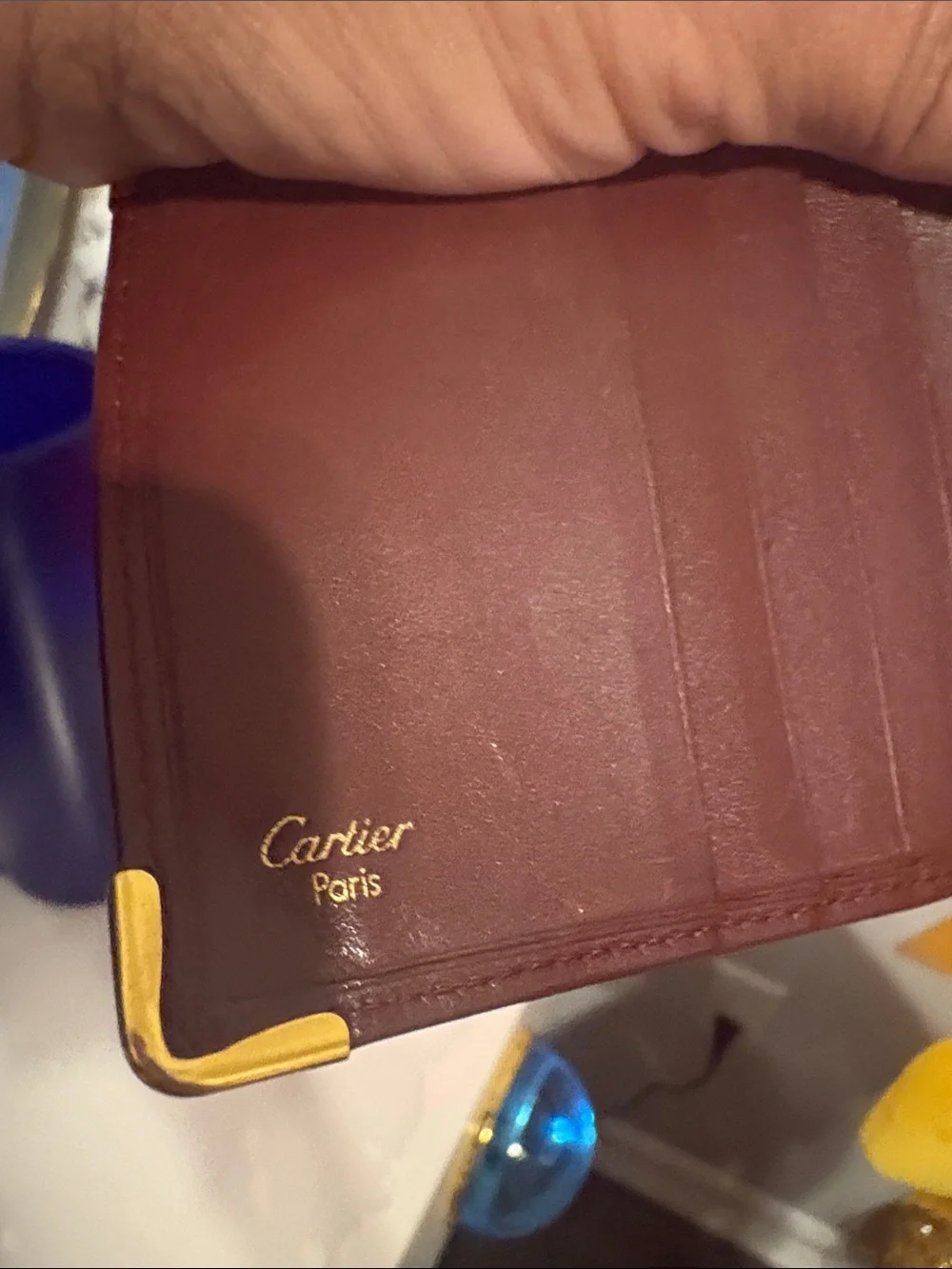 Authentic Cartier Men's Brown Leather Wallet with Gold Corner Accents